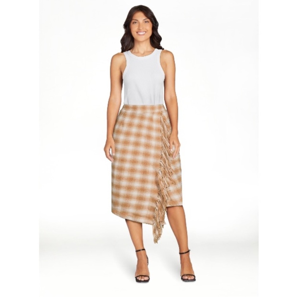 TIME and TRU Brown Plaid Faux Wrap Fringed Flannel Skirt L (12-14) NWT